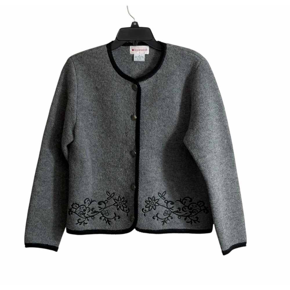 Vtg Sweater Cardigan Med Boiled Wool Button Front Embroidered Gray